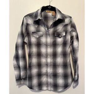 Wrangler Men's‎ Small Western Black White Plaid Pearl Snap Long Sleeve Shirt